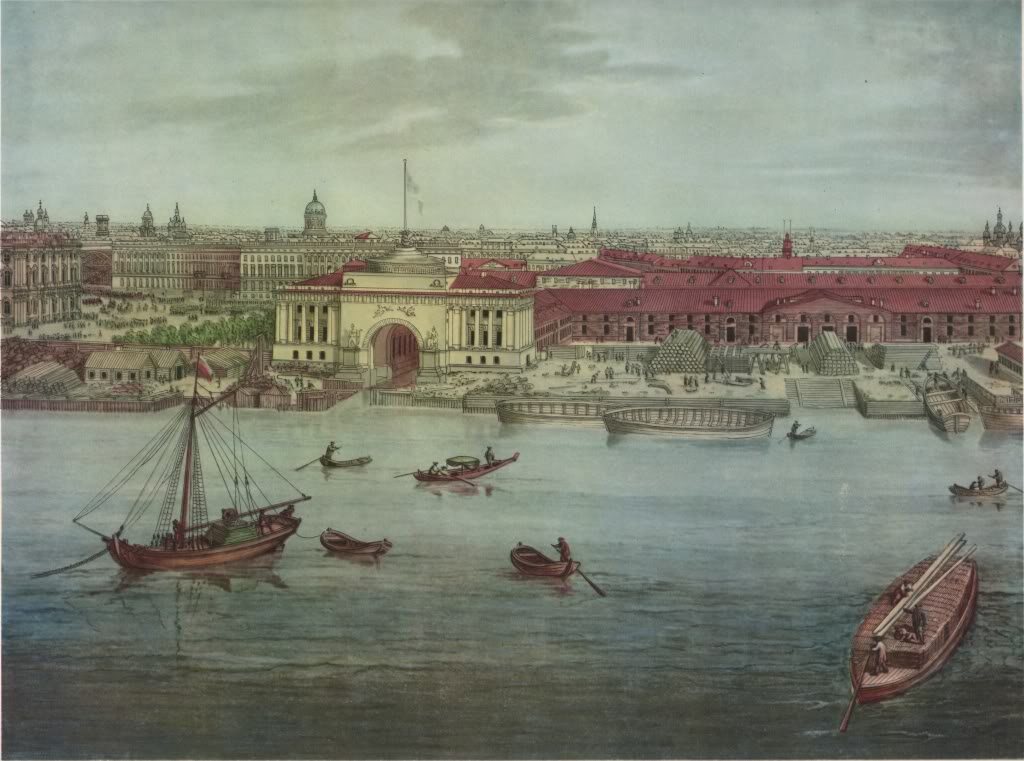 Анжело Тозелли, панорама Петербурга 1820 года, акварель. Слева лист 4: Исаакиевский наплавной мост, здание Сената и Английская набережная. Справа лист 2: Адмиралтейство. Город виден сверху, через Неву.