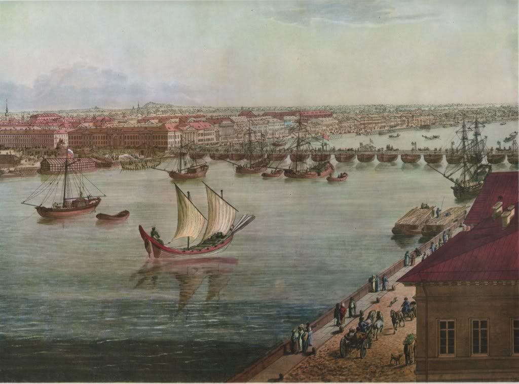 Анжело Тозелли, панорама Петербурга 1820 года, акварель. Слева лист 4: Исаакиевский наплавной мост, здание Сената и Английская набережная. Справа лист 2: Адмиралтейство. Город виден сверху, через Неву.